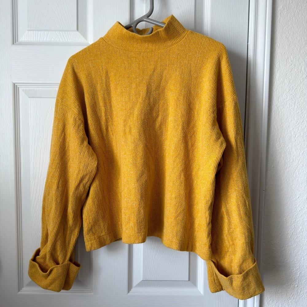 ZARA Mustard Yellow Ribbed Mock Neck Sweater Size L Cozy Knit